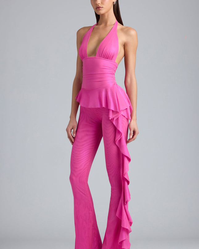 Bubblegum Pink Metallic Ruffle Low-Rise Flared Trousers
