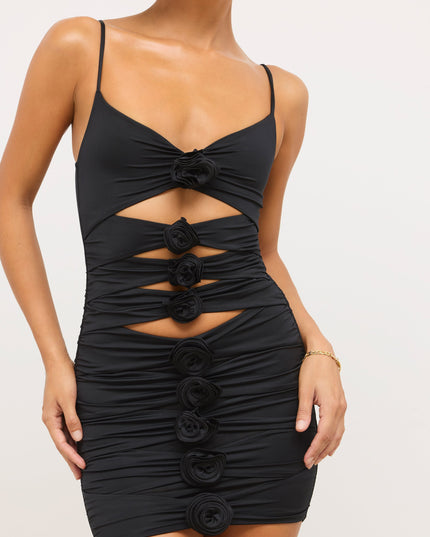 Black Slinky Jersey Rose Detail Cut Out Mini Dress