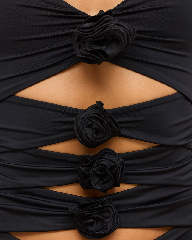 Black Slinky Jersey Rose Detail Cut Out Mini Dress