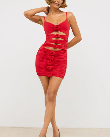 Scarlet Red Slinky Jersey Rose Detail Cut Out Mini Dress