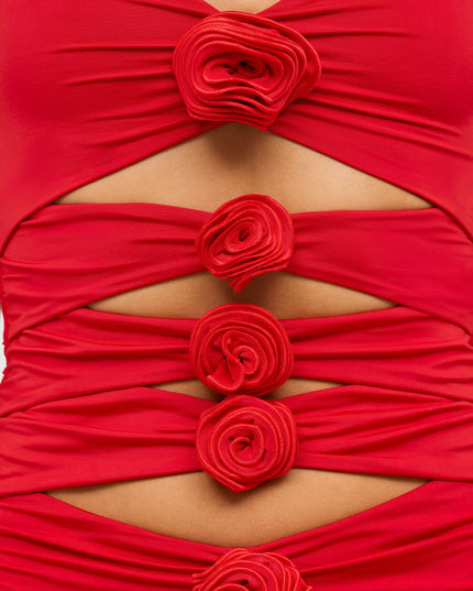 Scarlet Red Slinky Jersey Rose Detail Cut Out Mini Dress