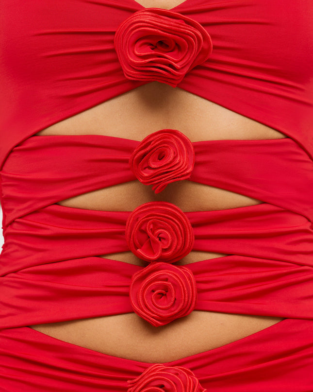 Scarlet Red Slinky Jersey Rose Detail Cut Out Mini Dress