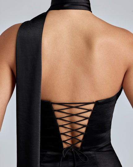 Black Draped Halterneck Satin Mini Dress