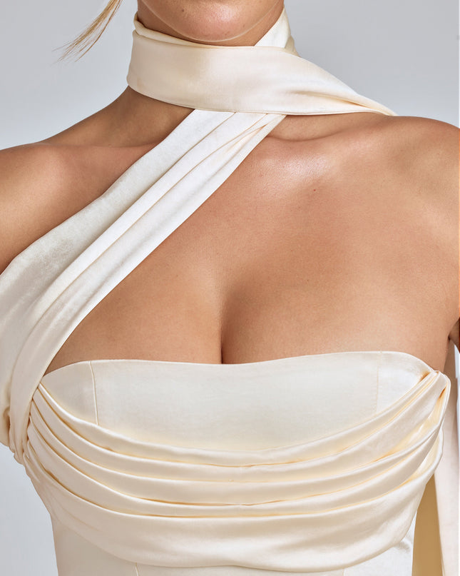 Ivory Draped Halterneck Satin Mini Dress