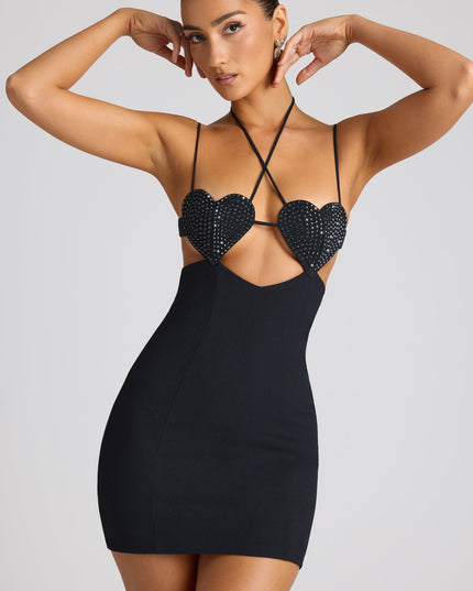 Black Embellished Heart Cup Detail Mini Dress