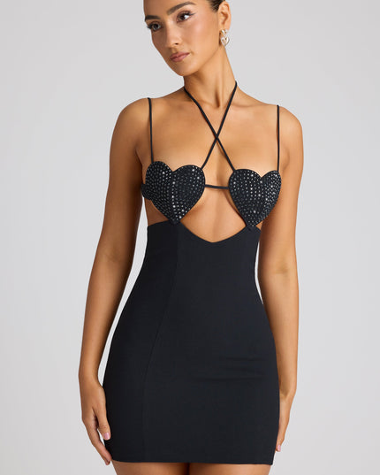 Black Embellished Heart Cup Detail Mini Dress