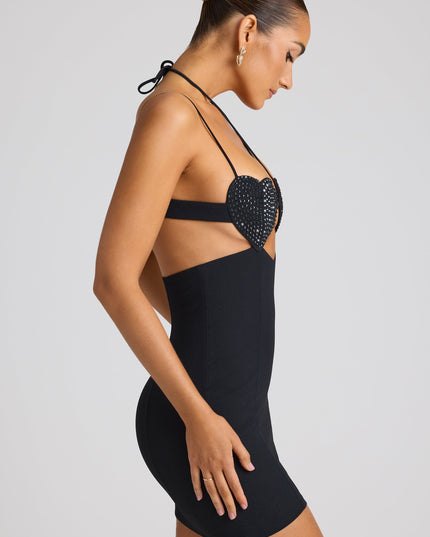 Black Embellished Heart Cup Detail Mini Dress
