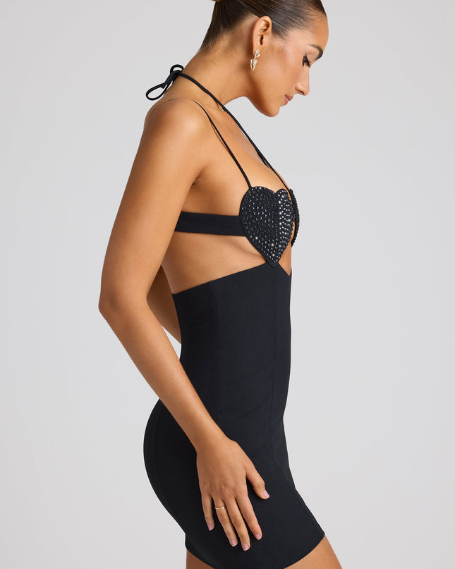 Black Embellished Heart Cup Detail Mini Dress