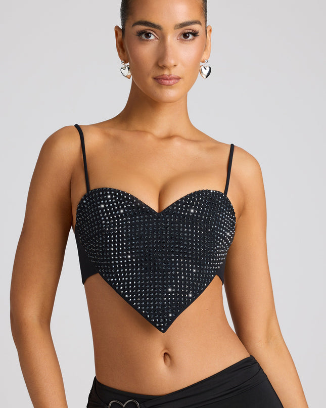 Black Embellished Statement Heart Shaped Crop Top