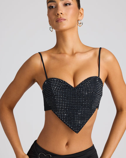 Black Embellished Statement Heart Shaped Crop Top