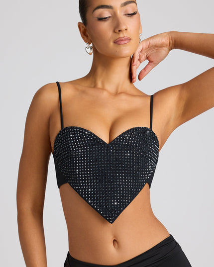 Black Embellished Statement Heart Shaped Crop Top