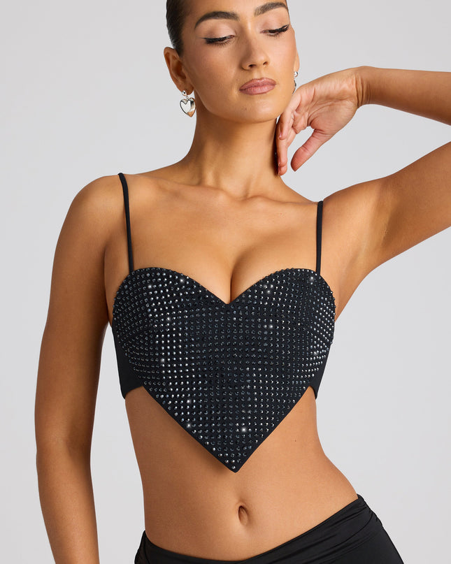 Black Embellished Statement Heart Shaped Crop Top