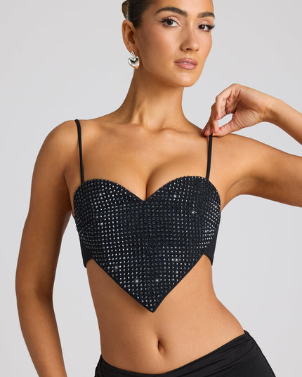 Black Embellished Statement Heart Shaped Crop Top