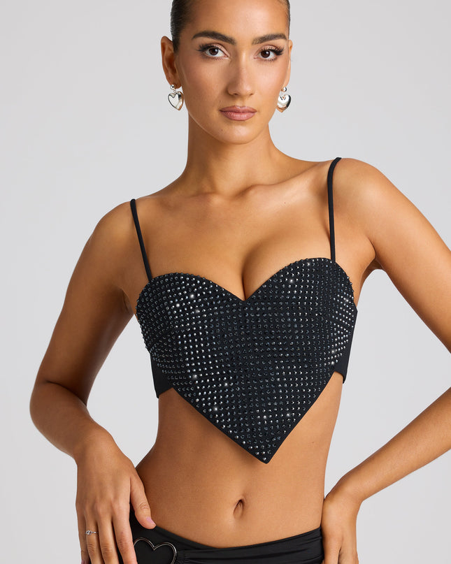 Black Embellished Statement Heart Shaped Crop Top