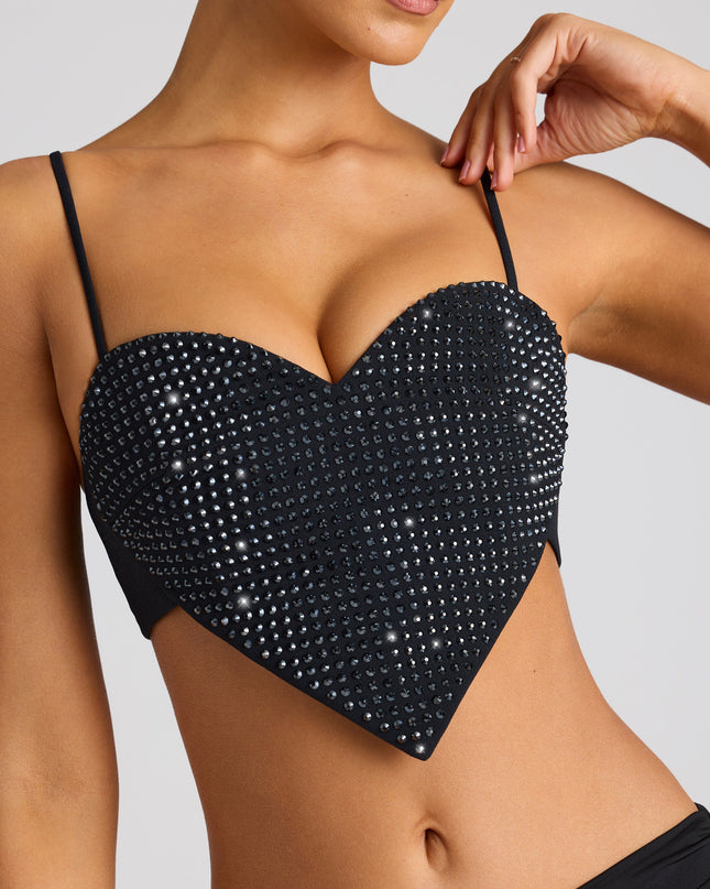 Black Embellished Statement Heart Shaped Crop Top