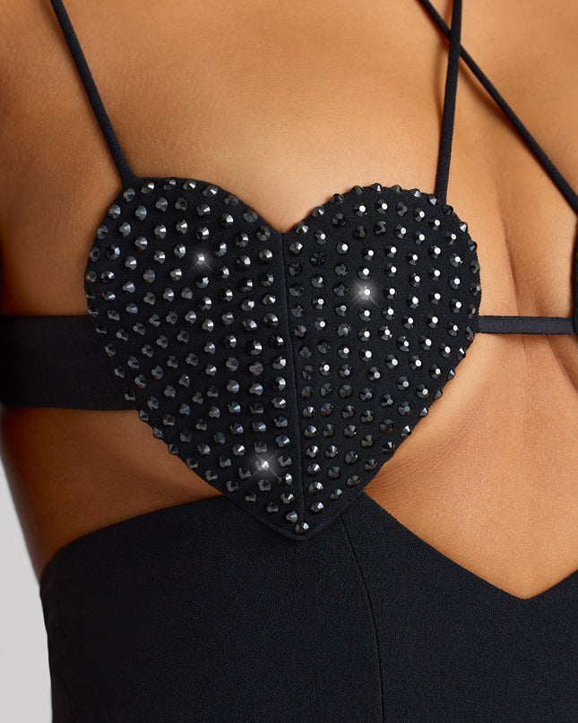 Black Embellished Heart Cup Detail Evening Gown