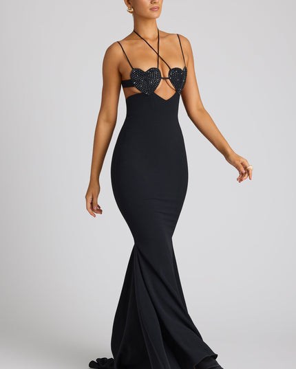 Black Embellished Heart Cup Detail Evening Gown