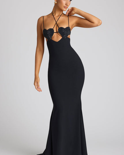 Black Embellished Heart Cup Detail Evening Gown