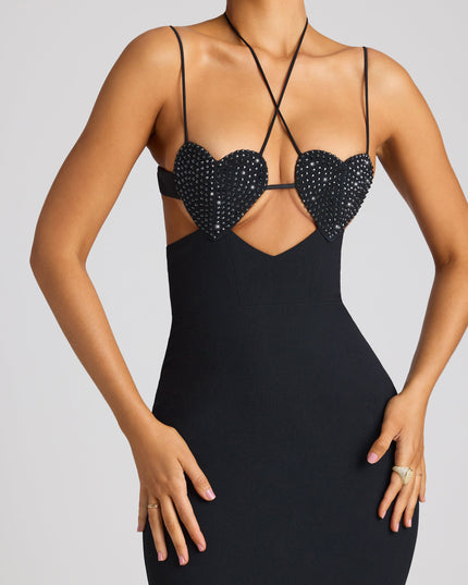 Black Embellished Heart Cup Detail Evening Gown