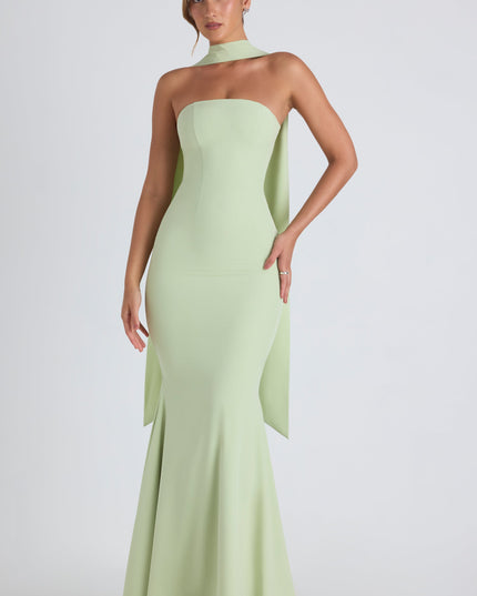 Spring Green Scarf-Detail Strapless Gown