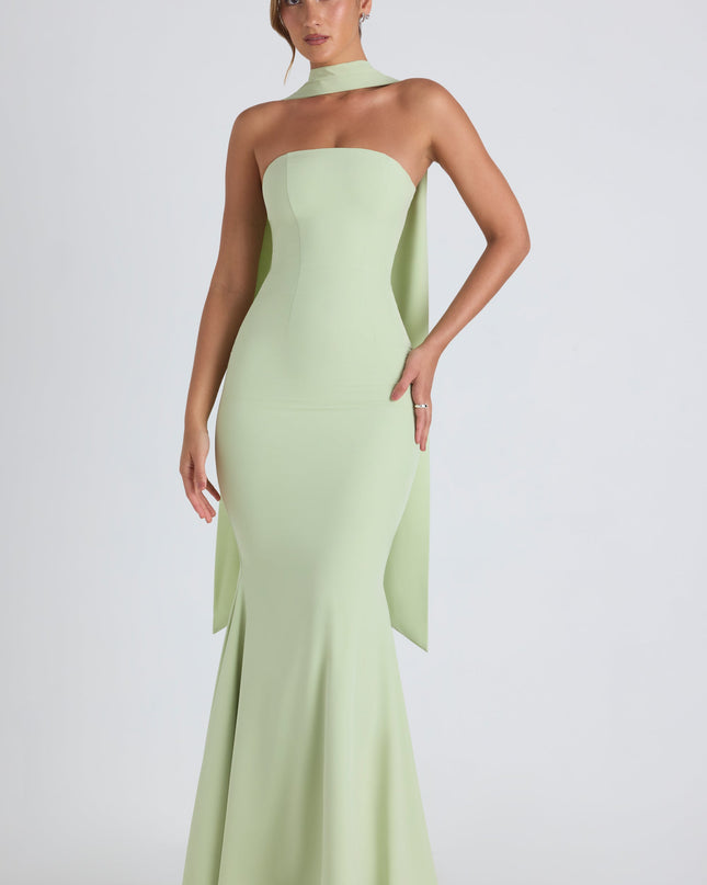 Spring Green Scarf-Detail Strapless Gown
