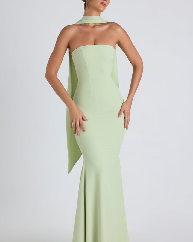 Spring Green Scarf-Detail Strapless Gown