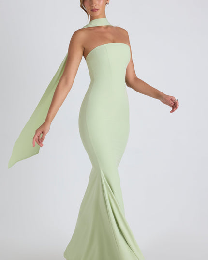 Spring Green Scarf-Detail Strapless Gown