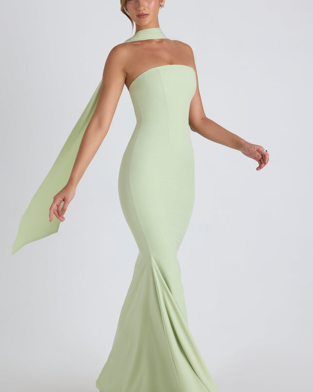 Spring Green Scarf-Detail Strapless Gown