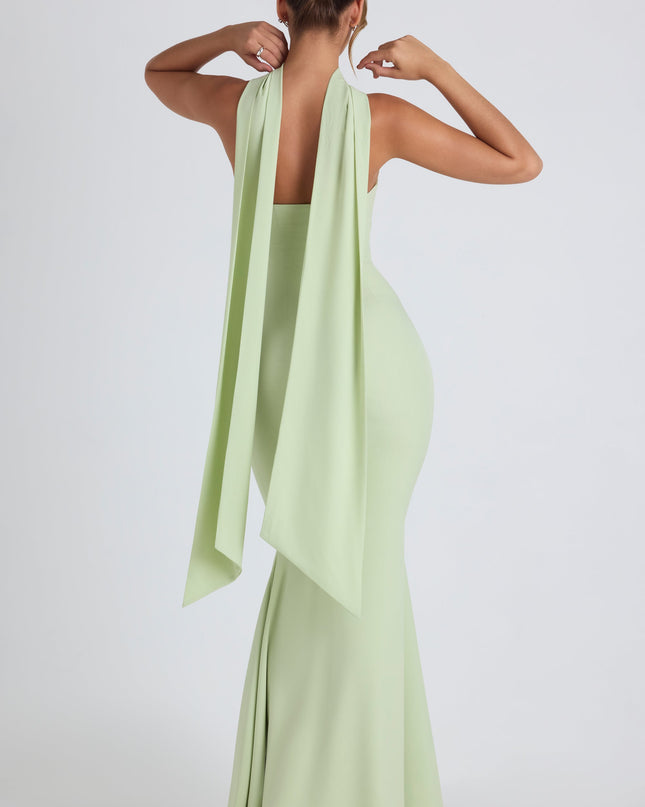 Spring Green Scarf-Detail Strapless Gown