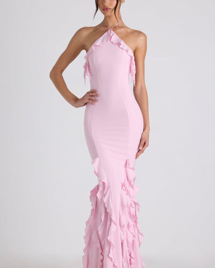 Soft Pink Ruffle-Trim Halterneck Gown
