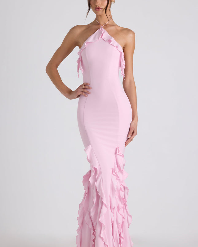 Soft Pink Ruffle-Trim Halterneck Gown