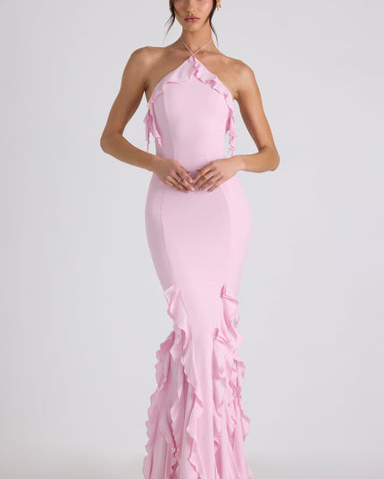 Soft Pink Ruffle-Trim Halterneck Gown