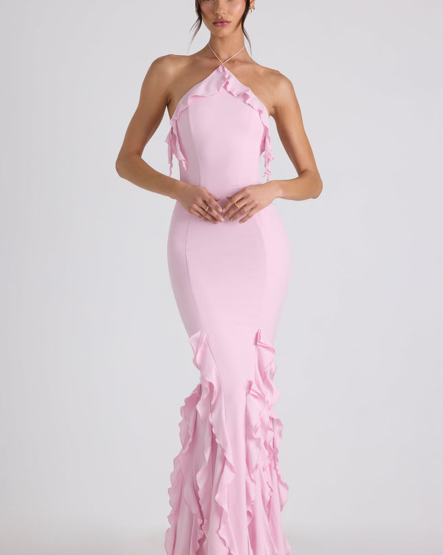 Soft Pink Ruffle-Trim Halterneck Gown