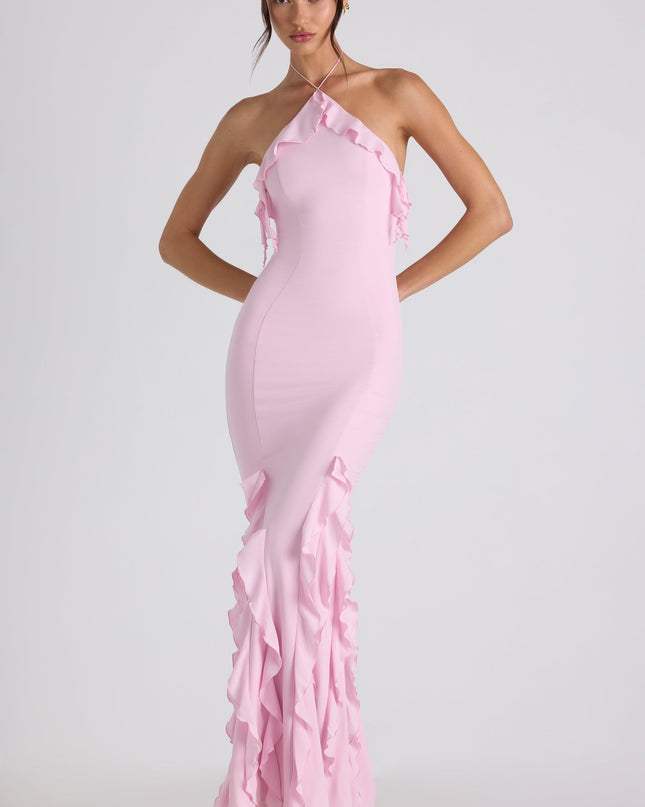 Soft Pink Ruffle-Trim Halterneck Gown