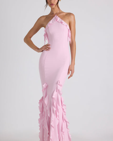 Soft Pink Ruffle-Trim Halterneck Gown