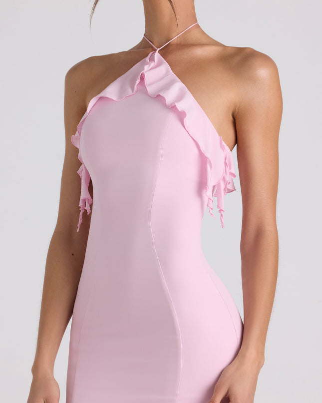 Soft Pink Ruffle-Trim Halterneck Gown