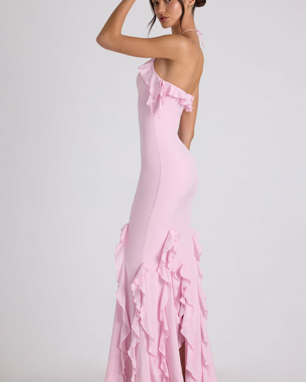 Soft Pink Ruffle-Trim Halterneck Gown