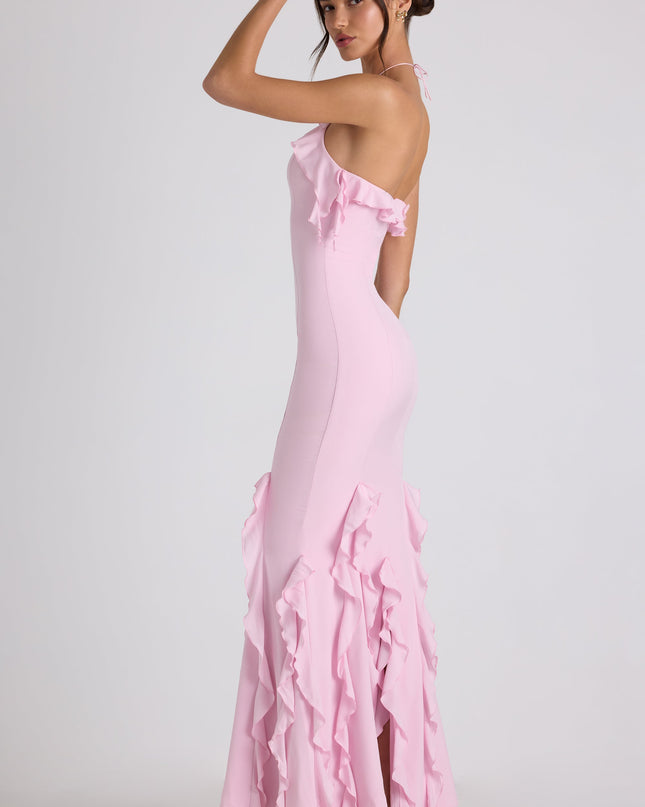 Soft Pink Ruffle-Trim Halterneck Gown