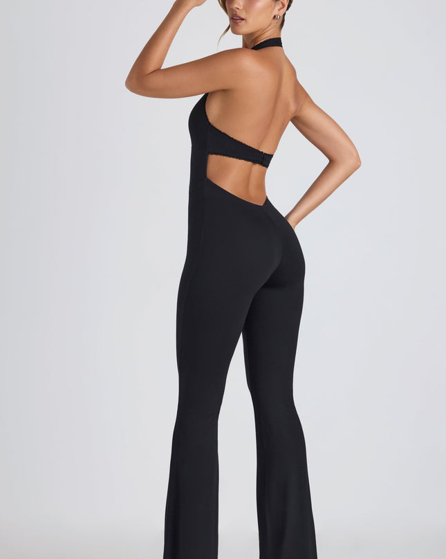 Black Modal Lace-Trim Cut-Out Flared Jumpsuit
