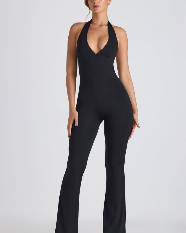 Black Modal Lace-Trim Cut-Out Flared Jumpsuit