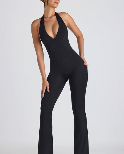 Black Modal Lace-Trim Cut-Out Flared Jumpsuit