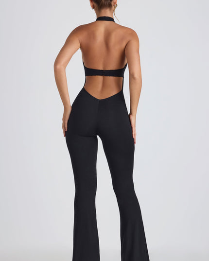 Black Modal Lace-Trim Cut-Out Flared Jumpsuit