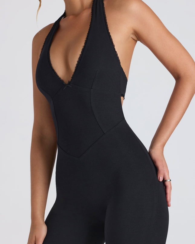 Black Modal Lace-Trim Cut-Out Flared Jumpsuit