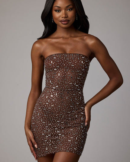 Deep Cocoa Sheer Embellished Bodycon Mini Dress