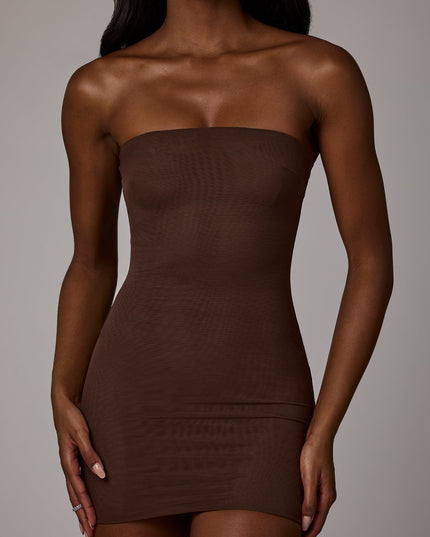 Deep Cocoa Soft Sheer-Mesh Bandeau Mini Slip Dress