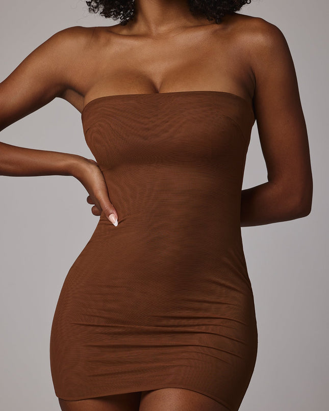 Mocha Soft Sheer-Mesh Bandeau Mini Slip Dress