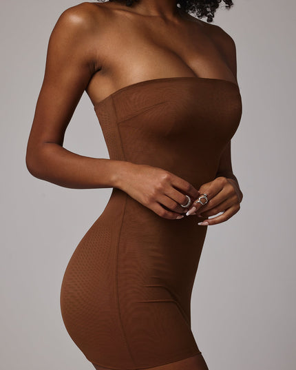 Mocha Soft Sheer-Mesh Bandeau Mini Slip Dress