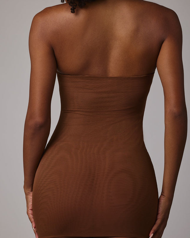 Mocha Soft Sheer-Mesh Bandeau Mini Slip Dress
