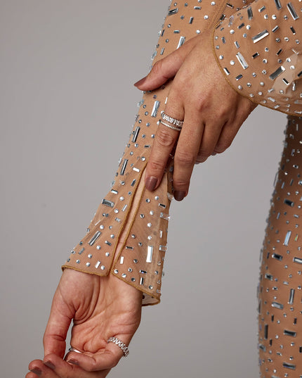 Almond Sheer Embellished Long Sleeve Evening Gown