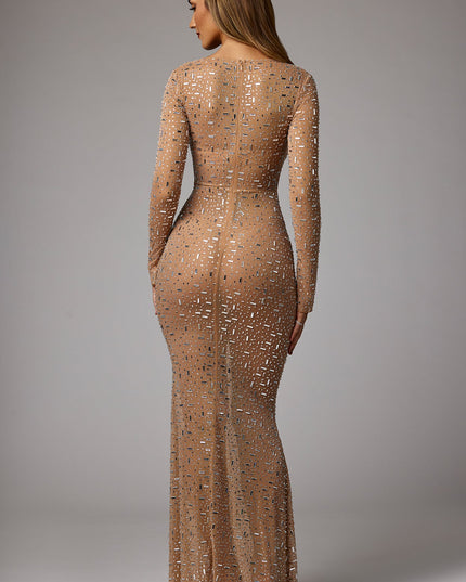 Almond Sheer Embellished Long Sleeve Evening Gown